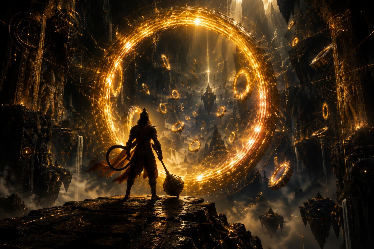 A warrior facing a giant golden ring portal inside a vast cavern
